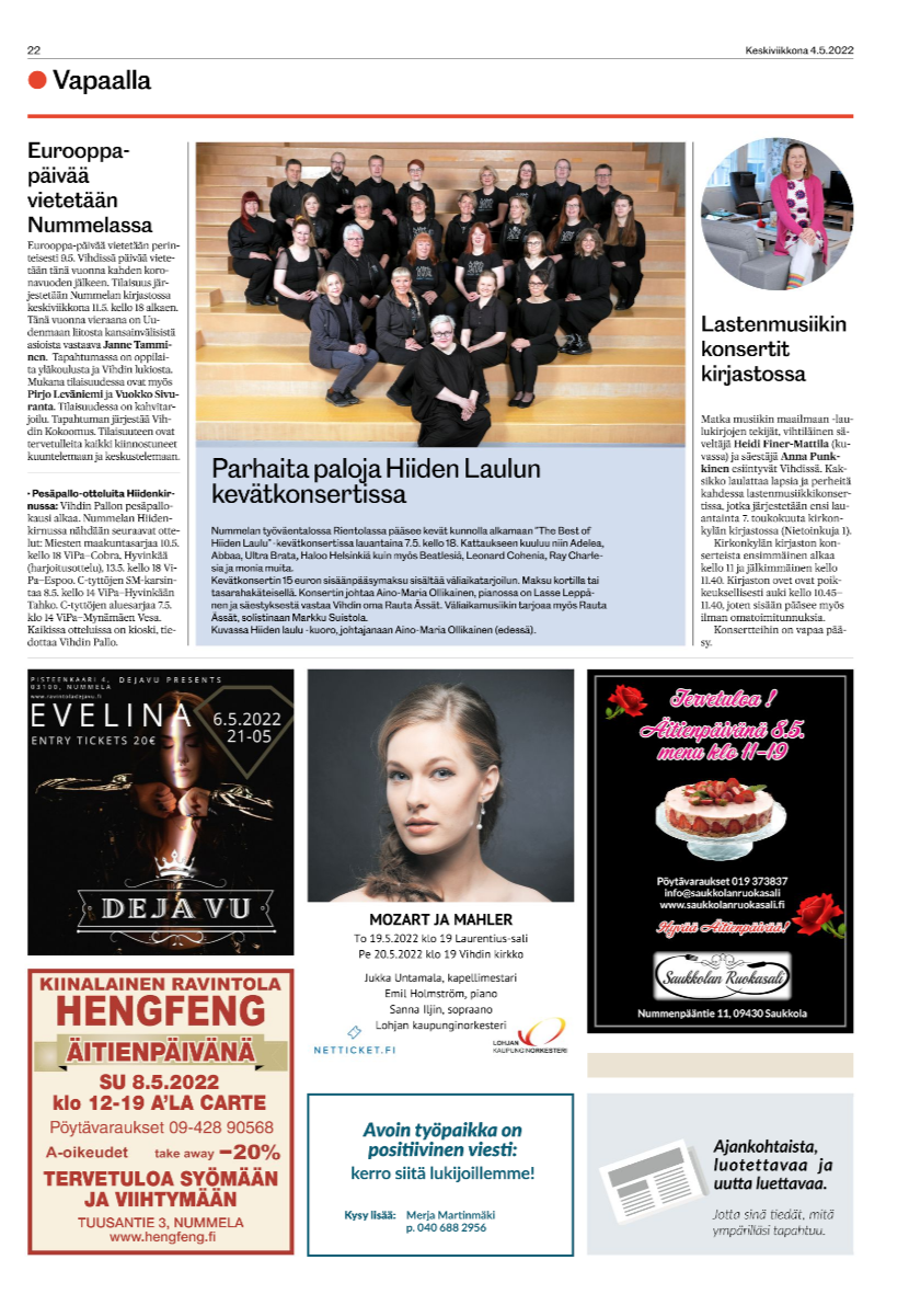 Vihdin Uutiset 4.5.2022: Parhaita paloja Hiiden Laulun kevätkonsertissa.