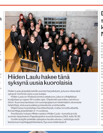 Vihdin Uutiset 16.8.2023: Hiiden Laulu hakea tänä syksynä uusia kuorolaisia Vihdin Uutiset 16.8.2023: Hiiden Laulu hakea tänä syksynä uusia kuorolaisia